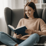 Mulher sorrindo enquanto lê confortavelmente na melhor poltrona para leitura, um guia completo de 2025.