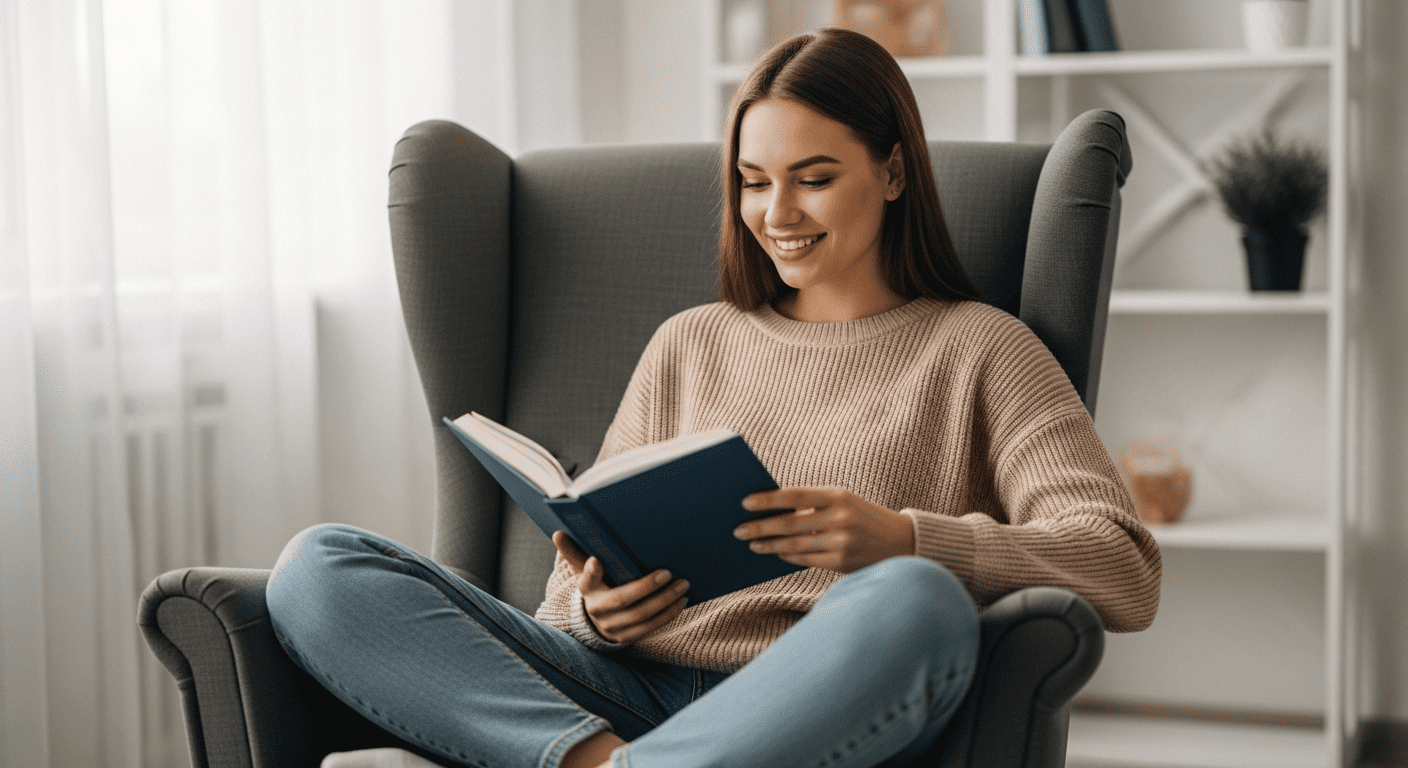 Mulher lendo confortavelmente em uma poltrona, ideal para leitura – análise 2025