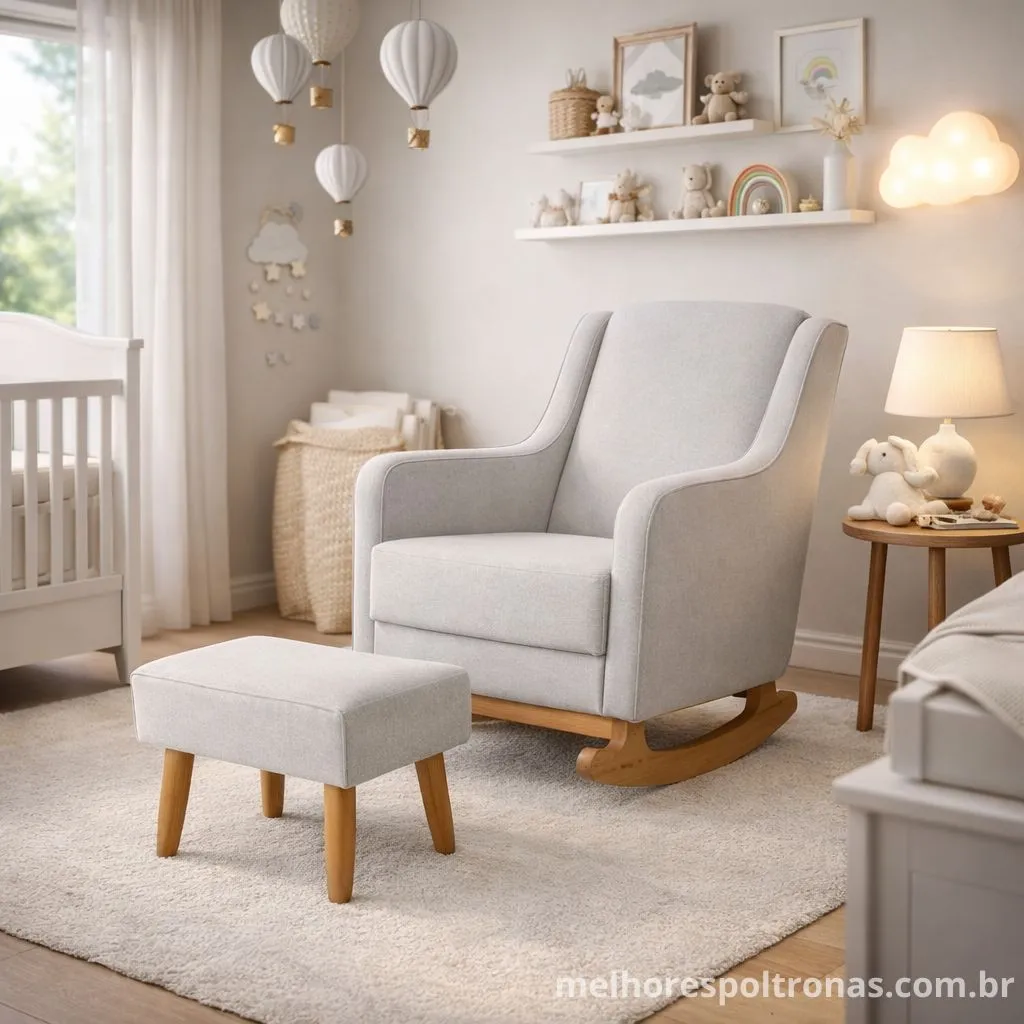 Poltrona de amamentação em linho bege com pés de balanço em madeira e puff retangular em quarto de bebê decorado.
