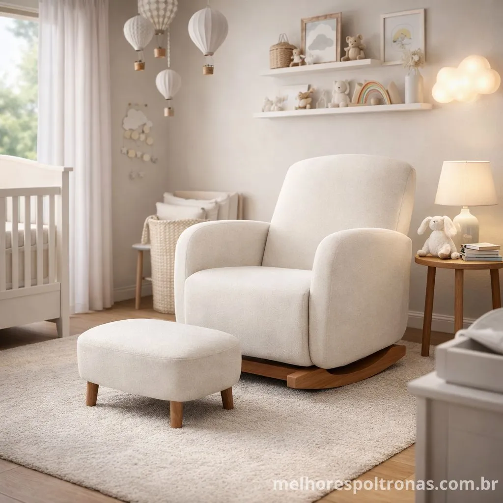 Poltrona de amamentação moderna off-white com tecido boucle, design curvo e base de balanço estilo canoa em madeira clara.