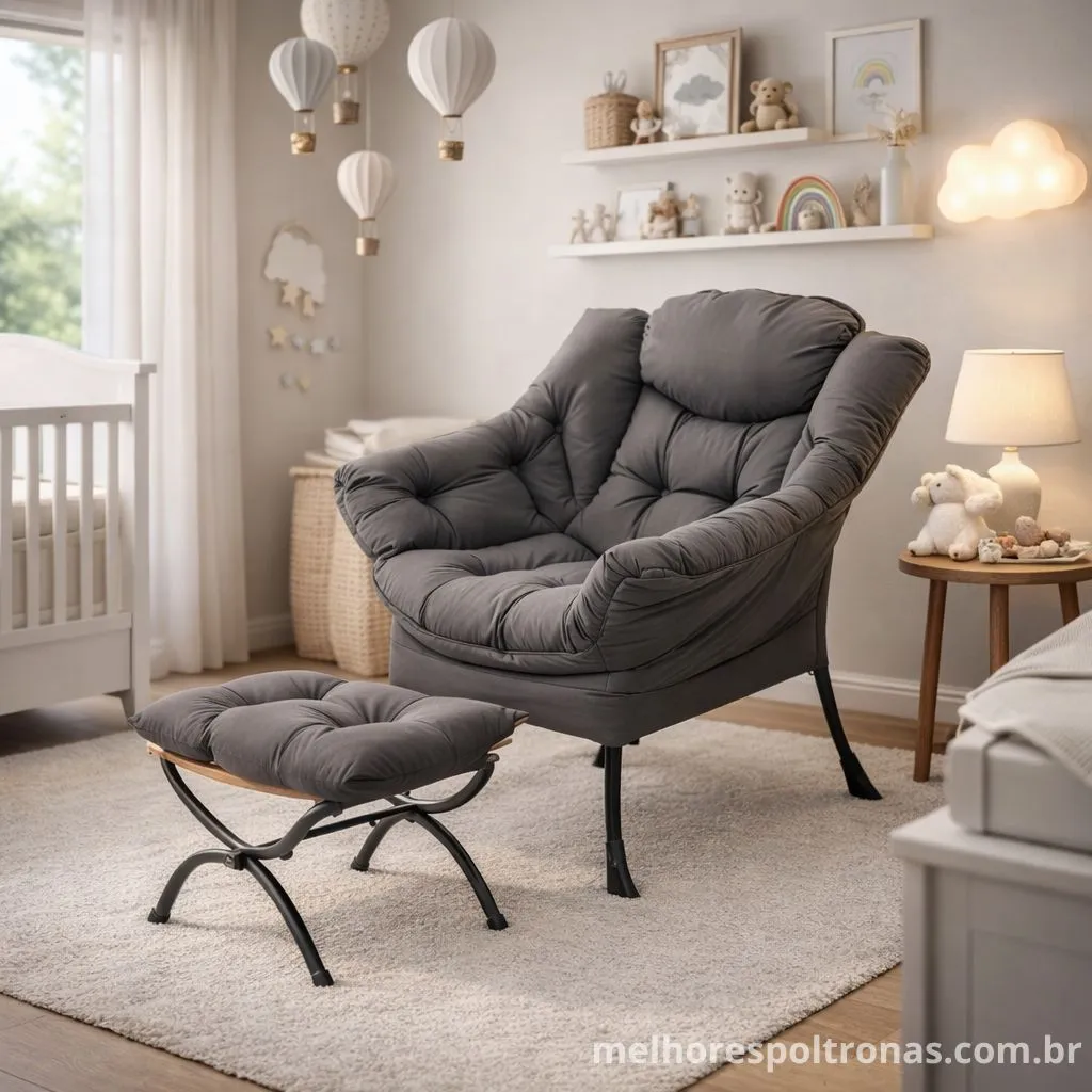 Poltrona moderna estilo cadeira preguiçosa Welnow cinza escuro com apoio para os pés em quarto de bebê.