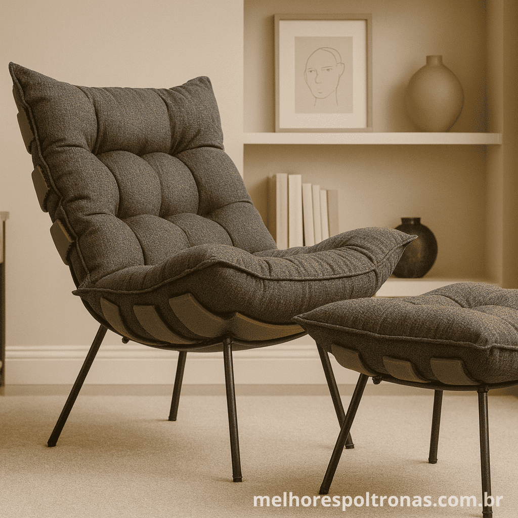 Poltrona de leitura de design Costela, com estofado de linho grafite e base de madeira, unindo estilo e conforto.