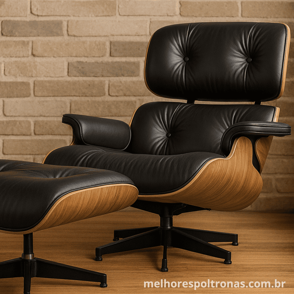 Icônica poltrona de leitura Charles Eames em couro com puff, símbolo de luxo e conforto ergonômico para leitores.
