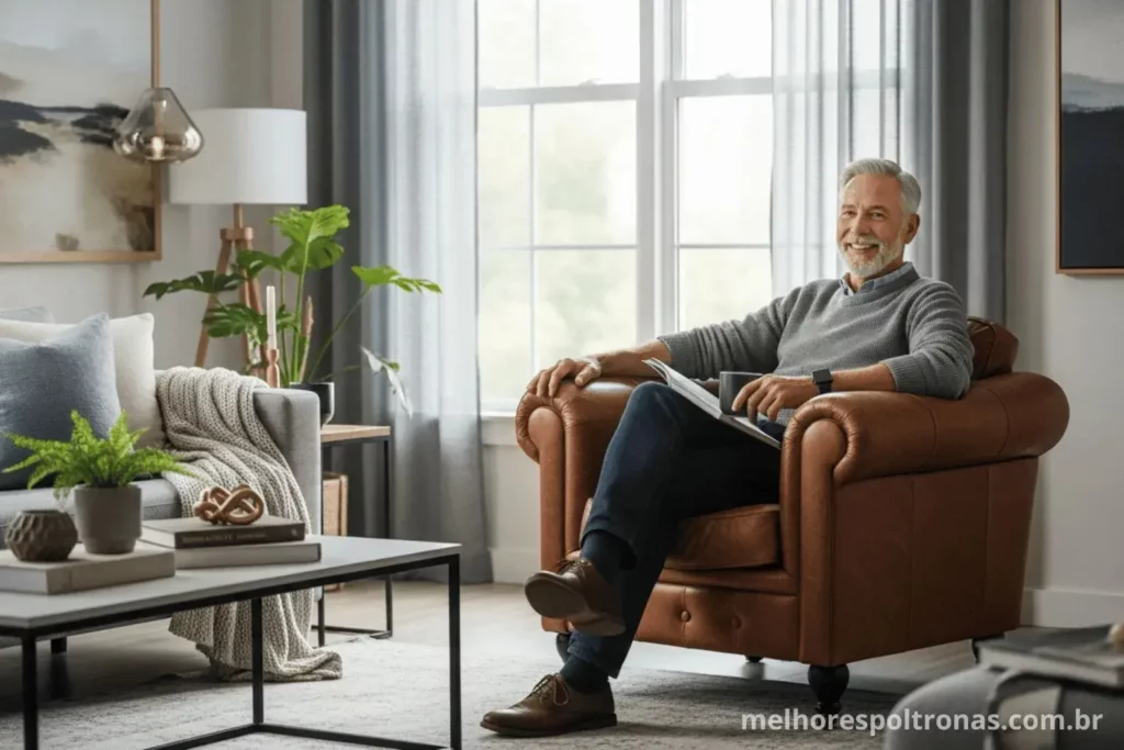 Poltrona do papai de couro posicionada como peça central de conforto em uma sala de estar elegante.