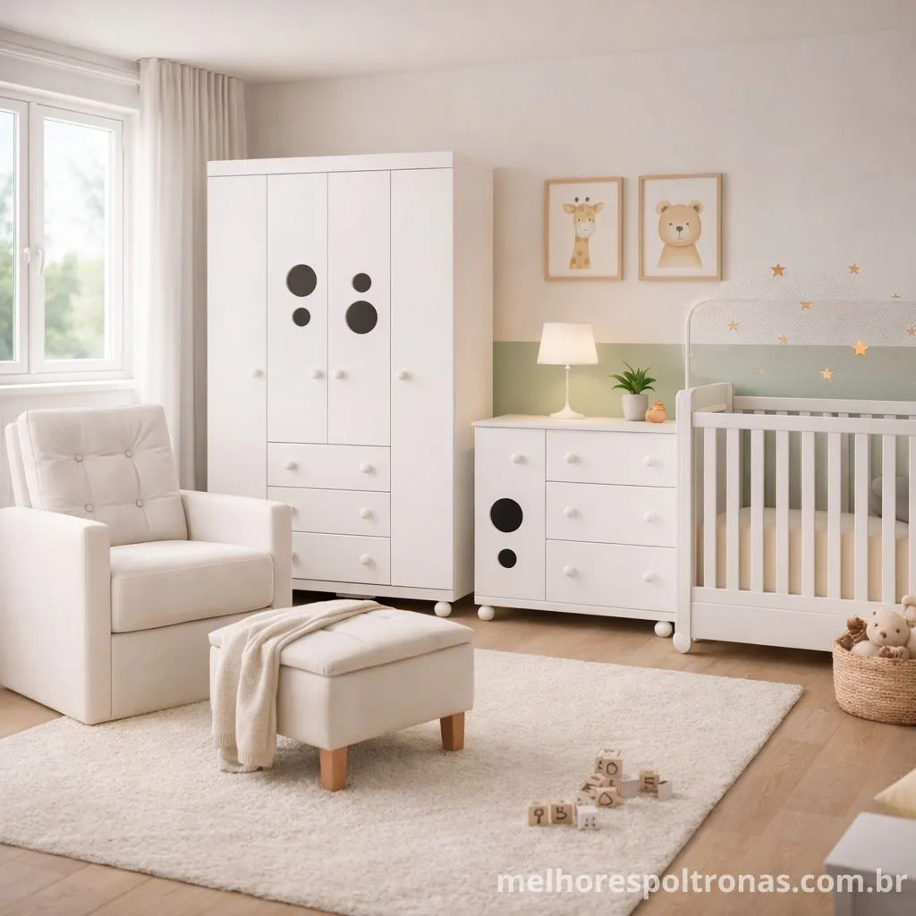 Conjunto de quarto de bebê completo em branco e madeira, incluindo berço americano, guarda-roupa, cômoda e poltrona de amamentação coordenada.