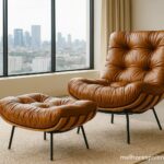 A icônica Poltrona Costela de design brasileiro, posicionada como peça de destaque em um apartamento com vista para a cidade.