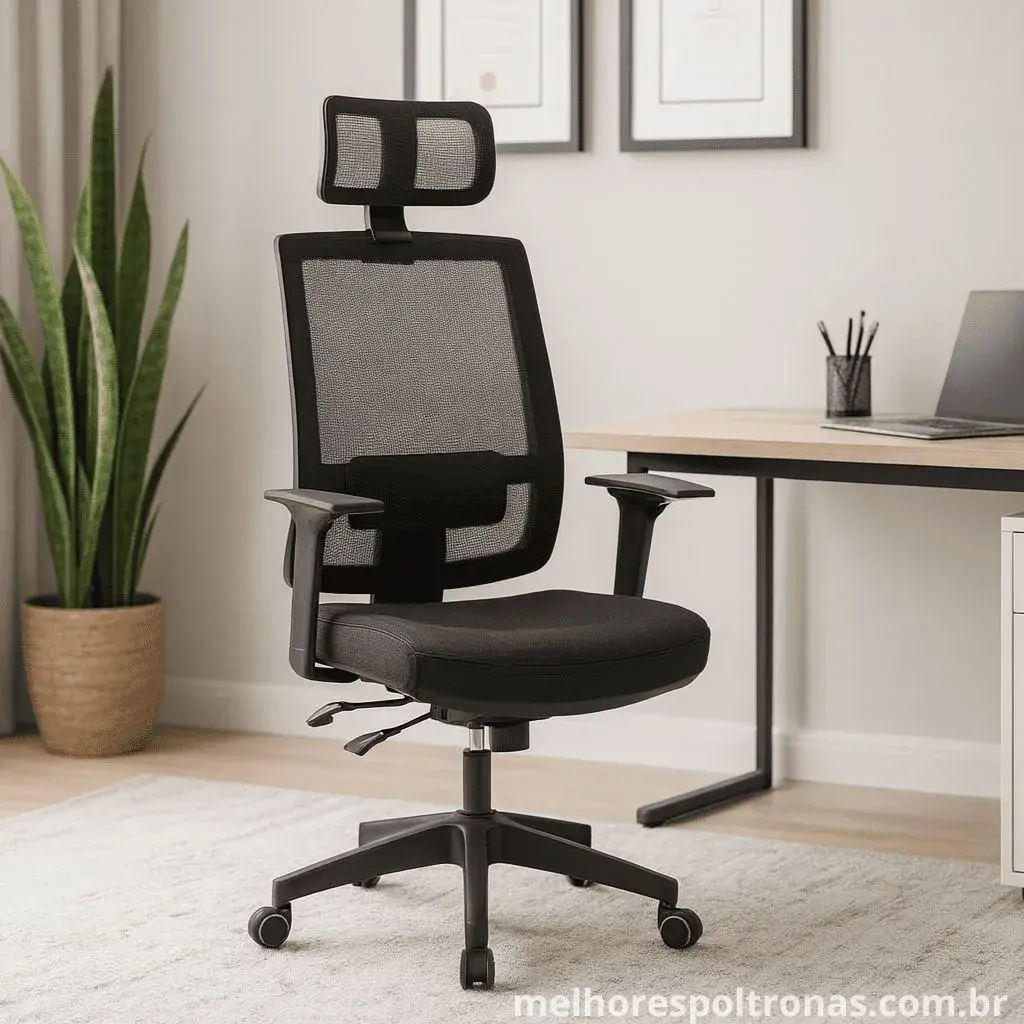 Cadeira de escritório ergonômica com encosto em tela mesh e suporte lombar ajustável, a melhor escolha para a saúde postural.
