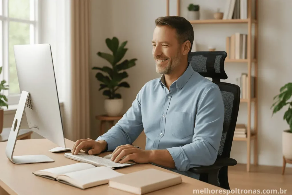 Ambiente de home office moderno e bem iluminado, destacando uma cadeira ergonômica como peça central para o conforto.
