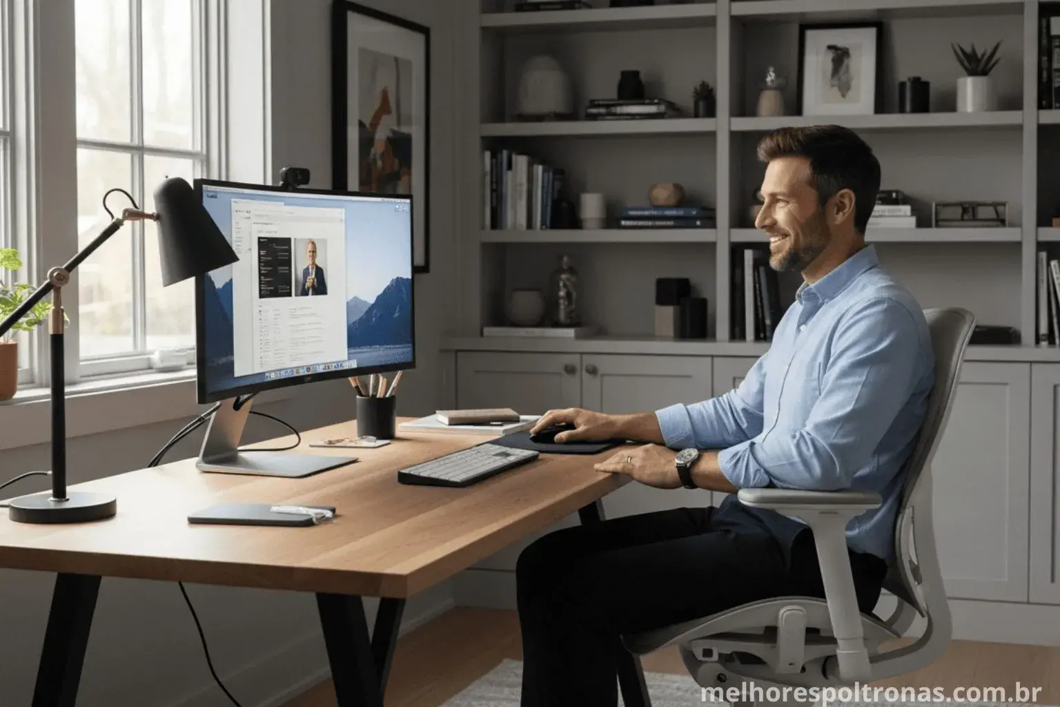 Profissional satisfeito trabalhando em seu home office com a melhor cadeira ergonômica, o guia completo de 2025.