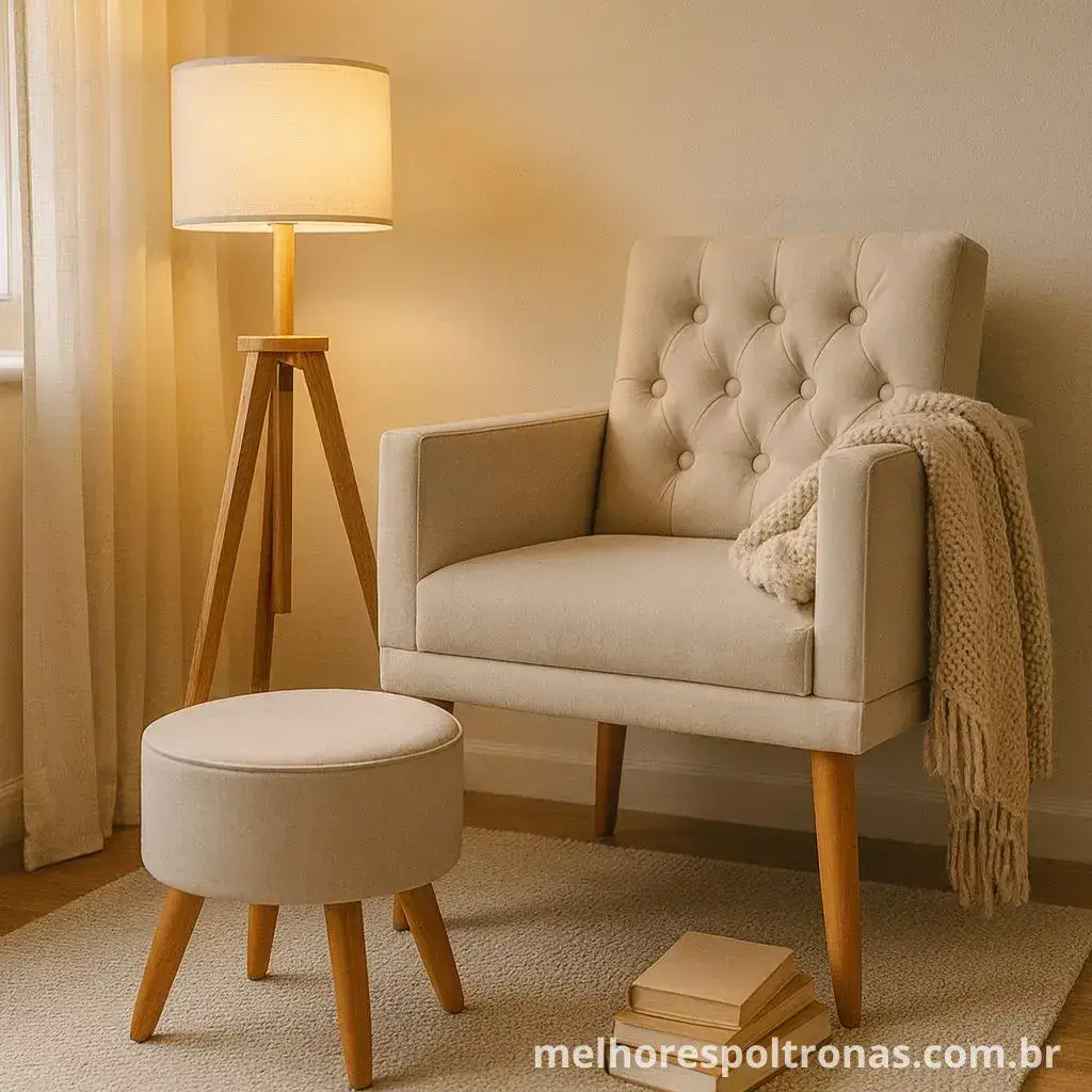 Poltrona pequena com puff, conjunto confortável para criar um canto de leitura aconchegante em apartamentos.