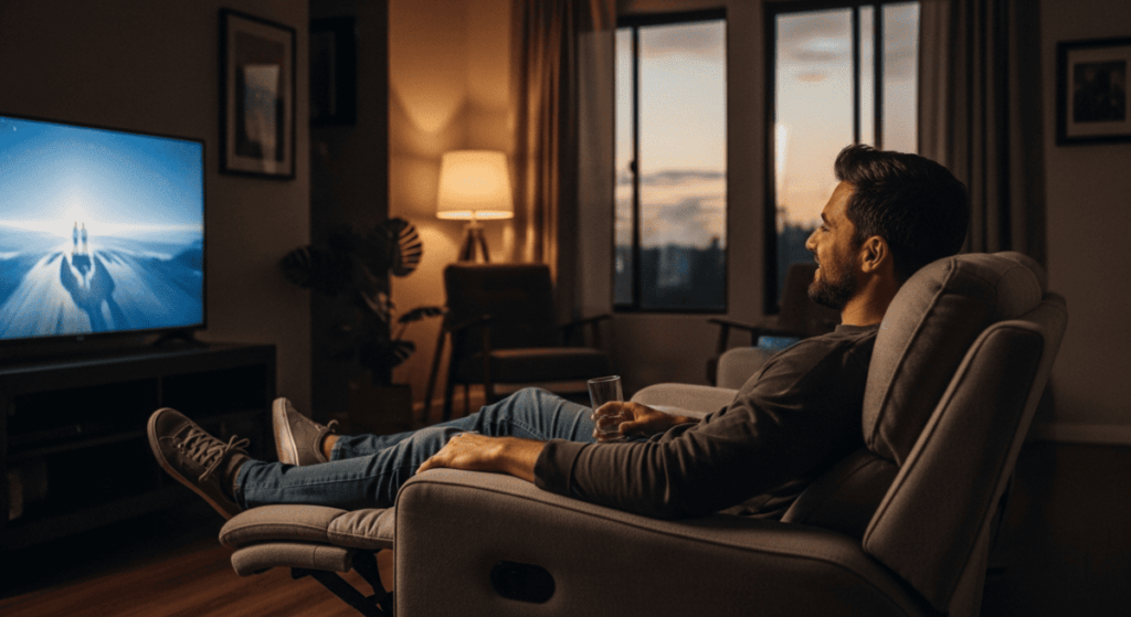 Pessoa relaxando em poltrona reclinável confortável para ver TV em casa – guia das melhores poltronas para TV 2025