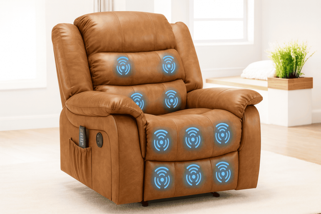 Poltrona do Papai reclinável com função de massagem e aquecimento, em couro marrom, com controle lateral e design moderno para sala de estar.