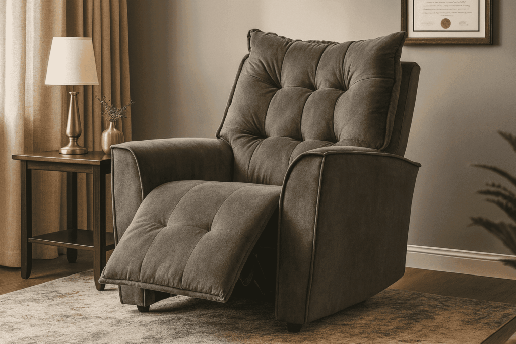 Poltrona do Papai reclinável em tecido veludo cinza, com design elegante, maciez e conforto para sala de estar ou escritório.