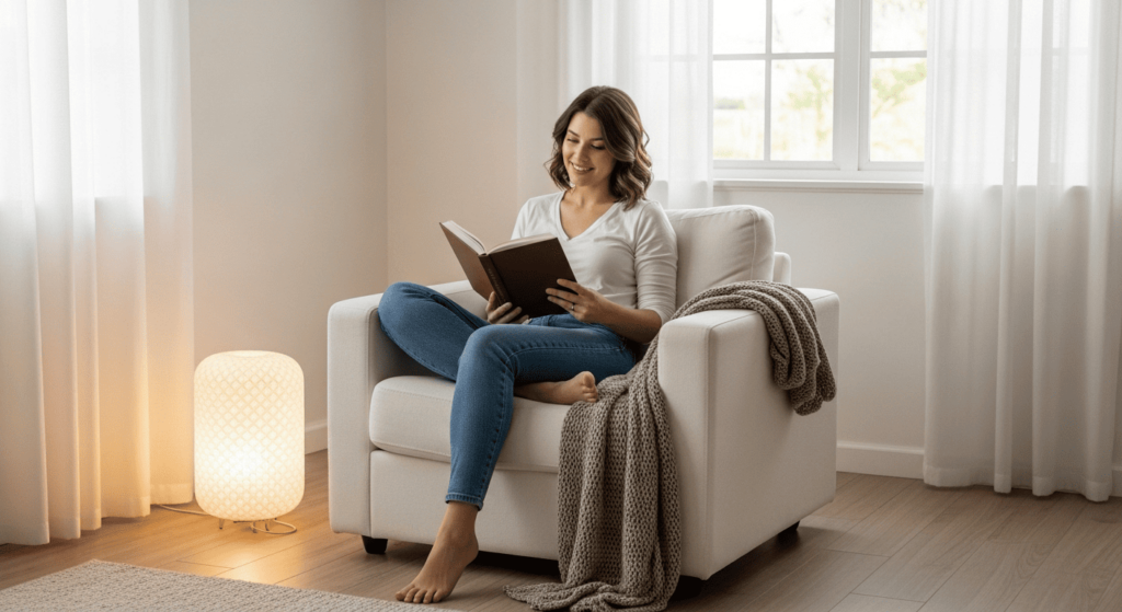 Mulher sentada em poltrona de leitura confortável com livro nas mãos, ideal para longas horas de leitura com ergonomia e acolhimento.