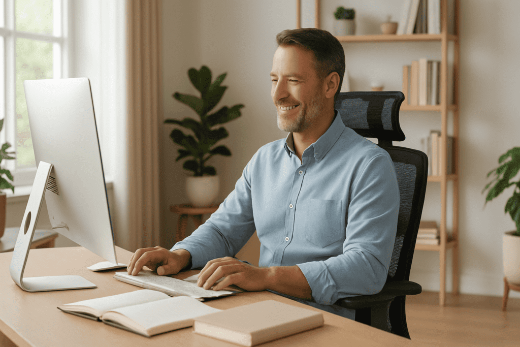 Homem sorrindo satisfeito em sua cadeira de escritório ergonômica, demonstrando o conforto que aumenta o foco no trabalho.
