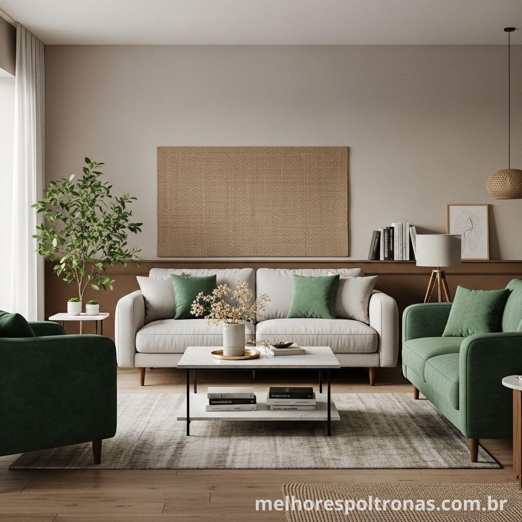 Ideia de contraste de cores com um sofá verde vibrante combinado com puffs e um ambiente neutro.