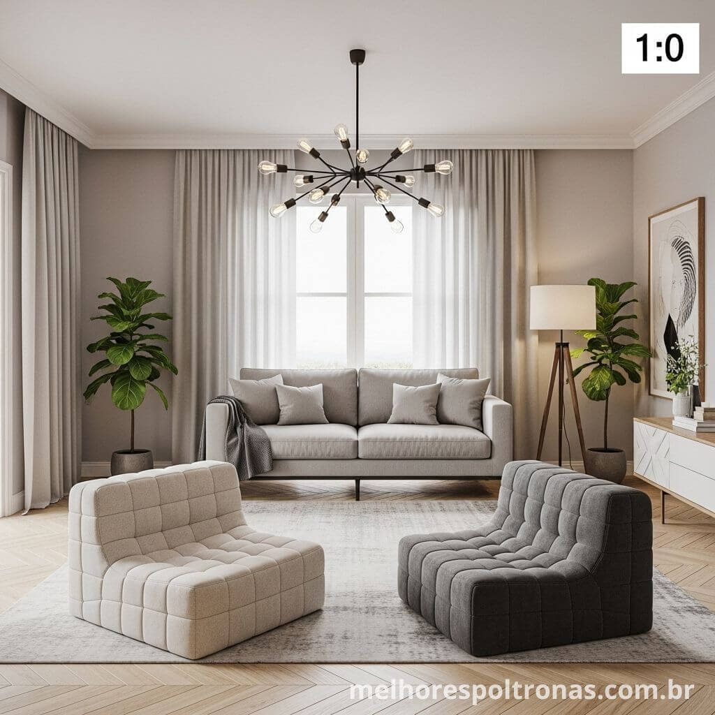Layout de sala de estar simétrico com um sofá de frente para um par de poltronas idênticas.
