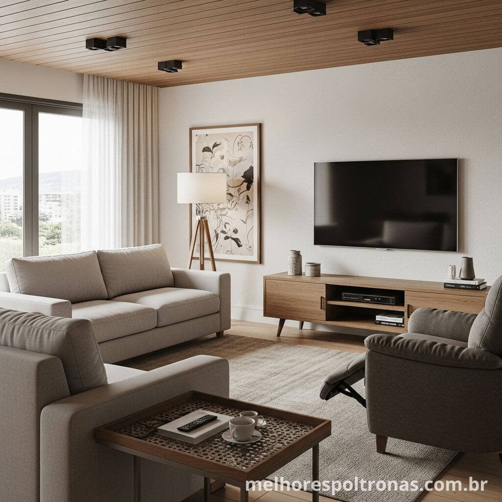 Sala de TV funcional combinando um sofá tradicional com uma confortável poltrona reclinável.