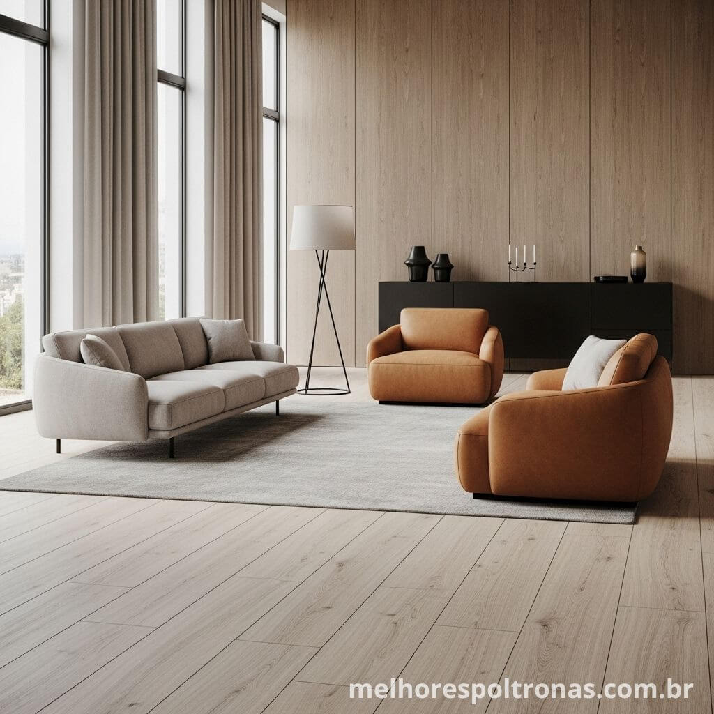 Sala de estar moderna combinando um sofá de tecido cinza com poltronas de couro caramelo.
