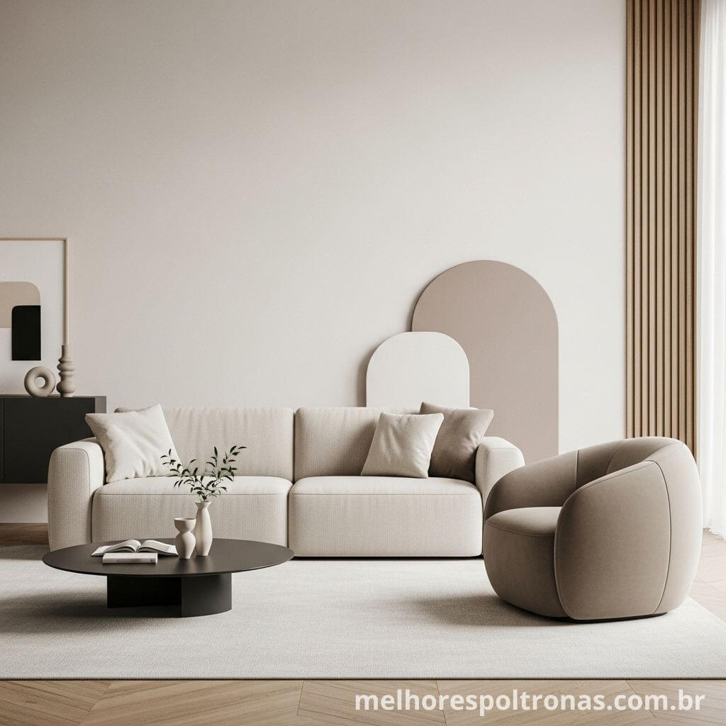 Combinação de um sofá de linhas retas com uma poltrona de design curvo, ambos no mesmo tecido.