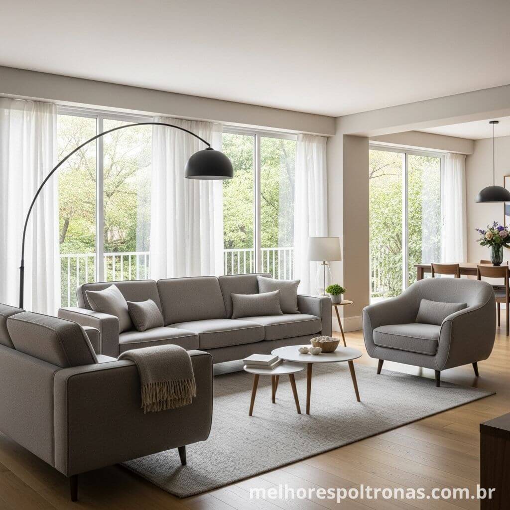 Exemplo de decoração monocromática com sofá e poltrona cinza em tons diferentes.