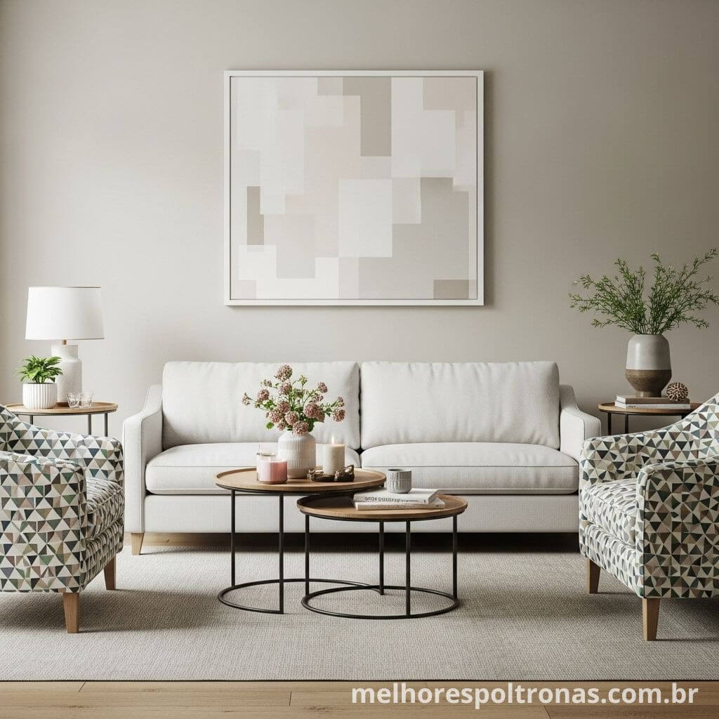Exemplo de sala com um sofá branco liso e um par de poltronas com estampa geométrica.