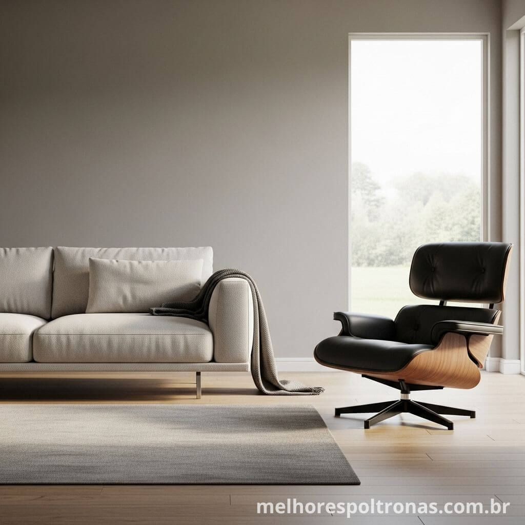 Decoração de alto nível combinando um sofá minimalista moderno com uma poltrona de design clássico Eames.