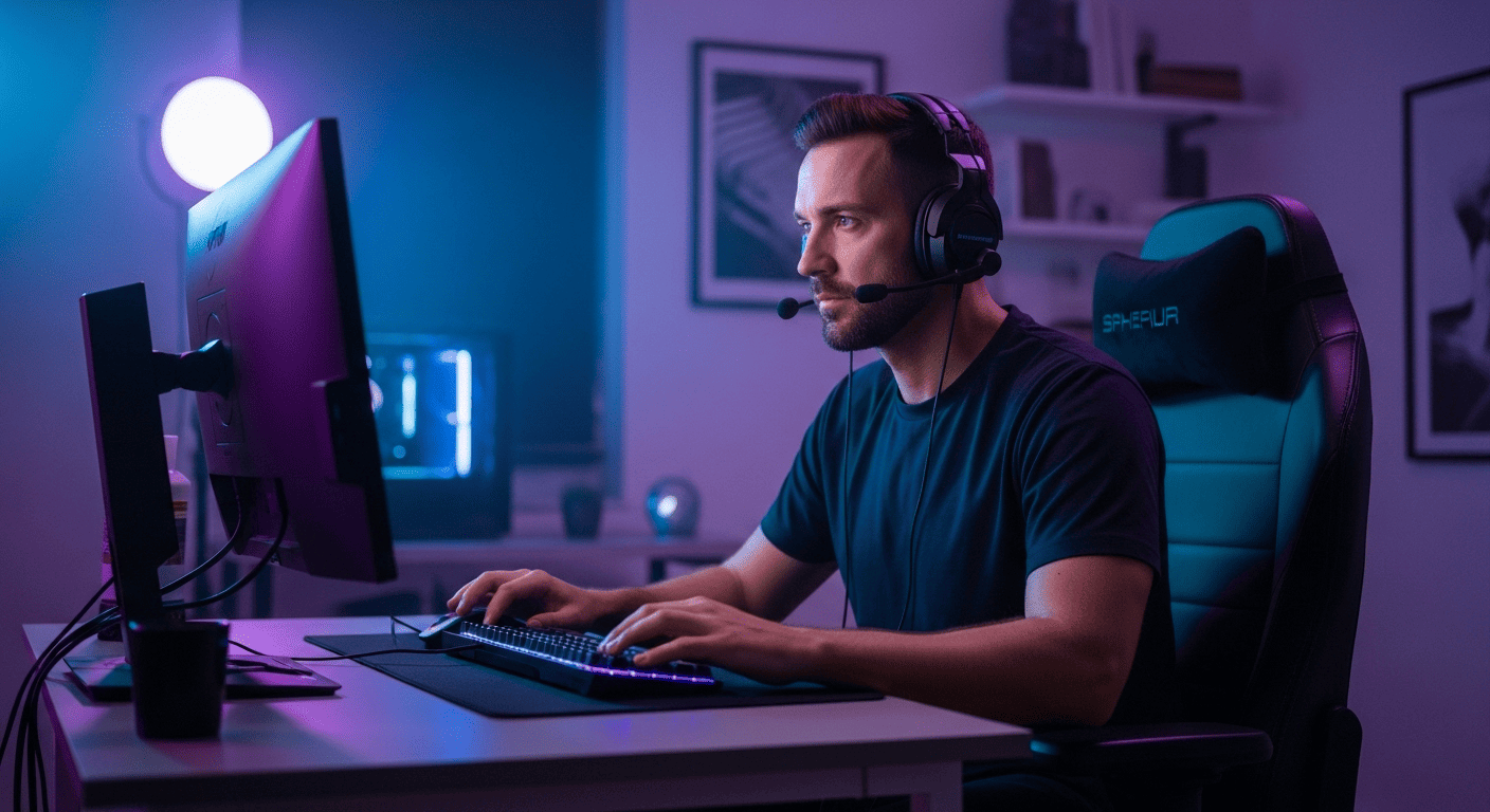 Jogador profissional focado em sua cadeira gamer ergonômica, no melhor setup para alta performance em 2025.