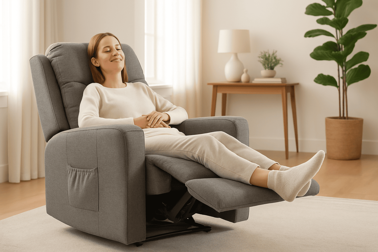 Mulher relaxando de olhos fechados na melhor poltrona reclinável de tecido, o guia de conforto moderno de 2025.