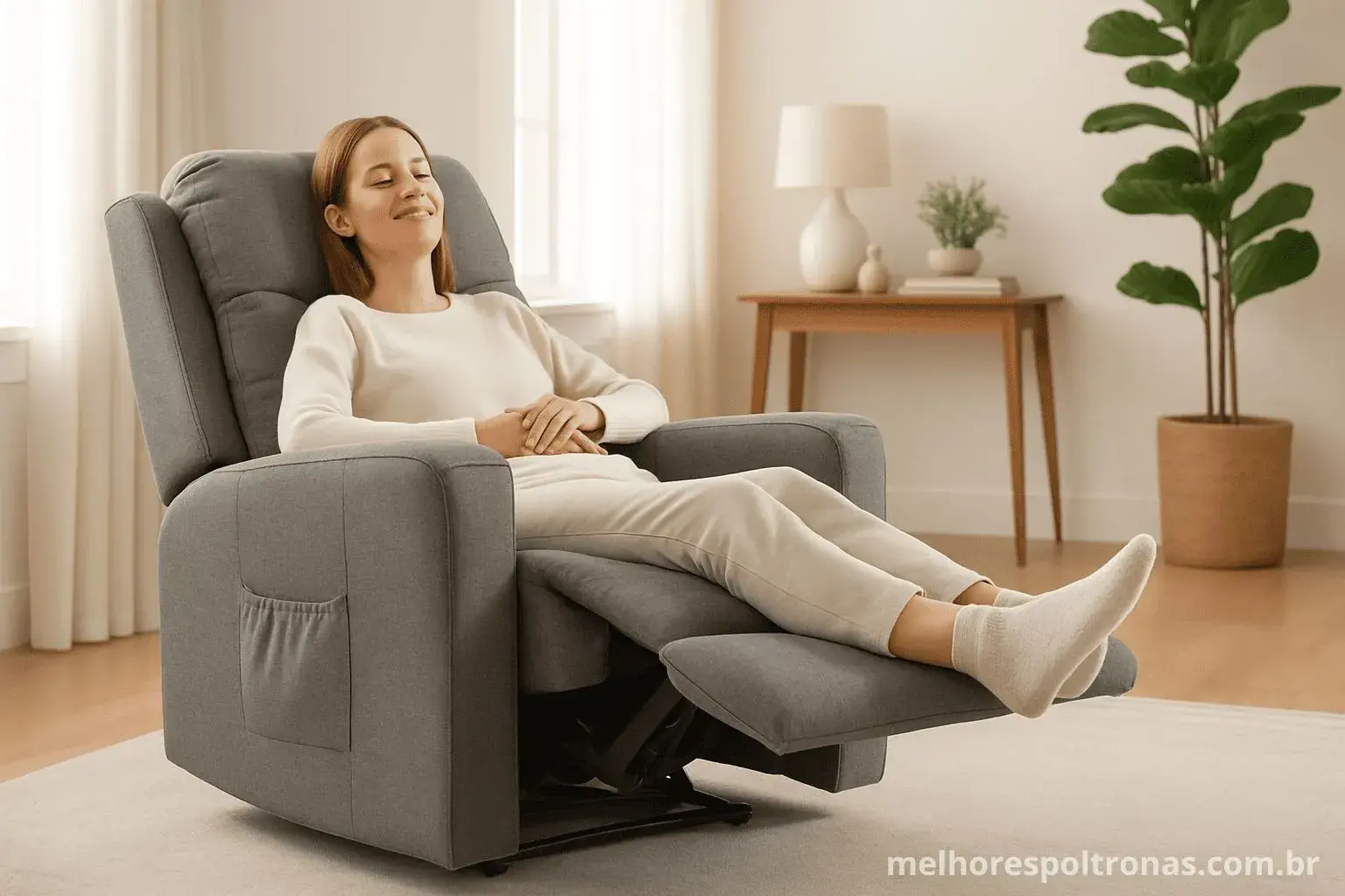 Mulher relaxando na melhor poltrona reclinável de 2025, o guia completo para encontrar o conforto ideal.