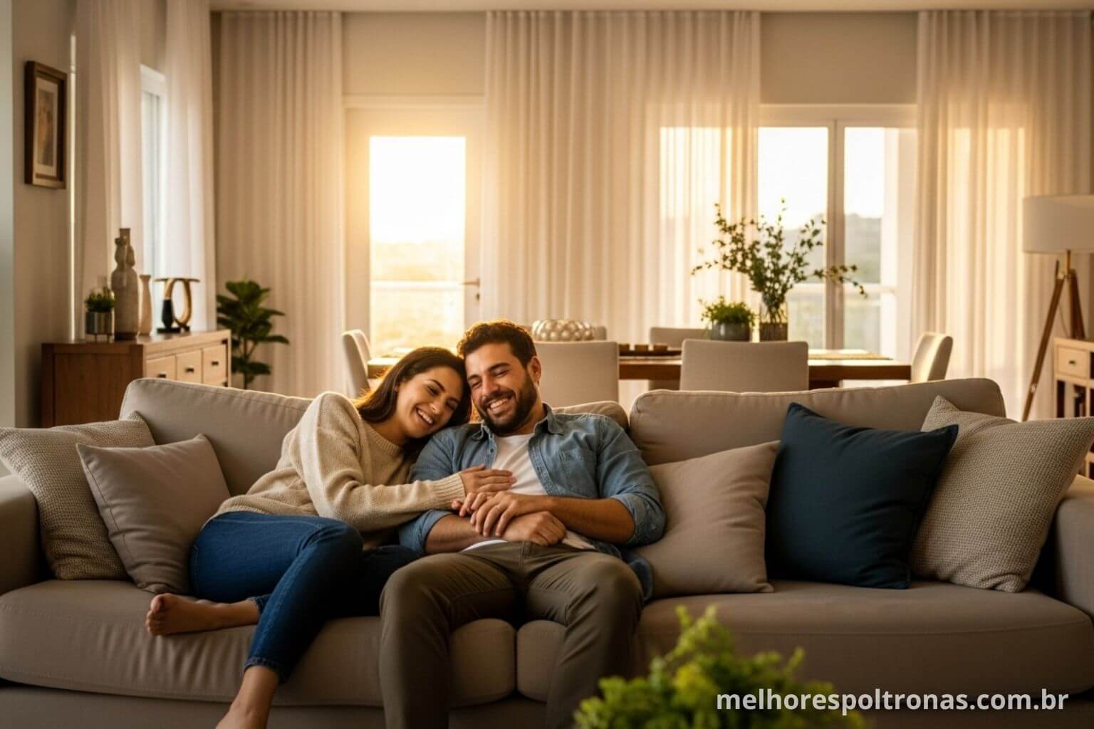Casal relaxando no melhor sofá para a sala de estar, o guia completo para encontrar o conforto ideal em 2025.