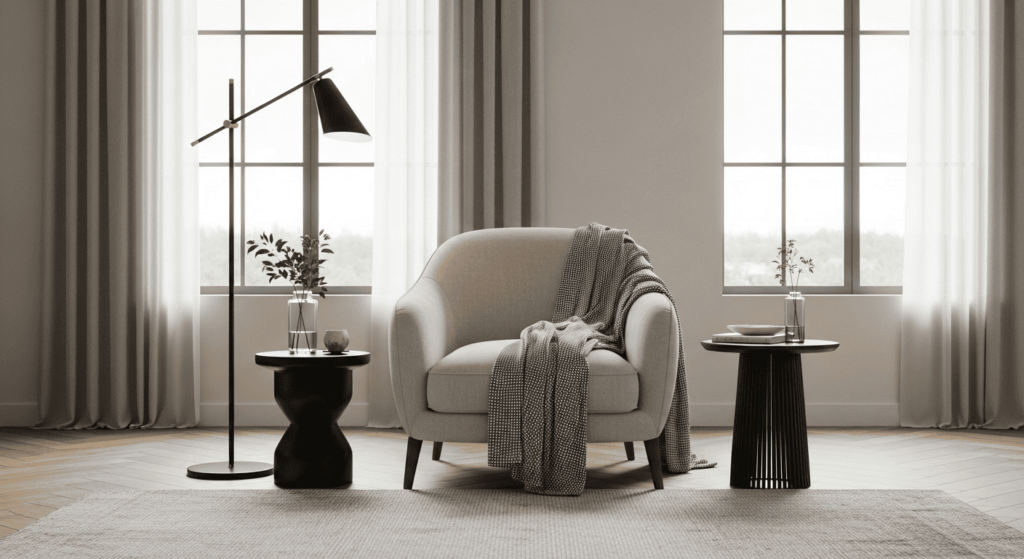 Imagem de uma poltrona elegante e moderna em uma sala minimalista, representando o guia de Melhores Poltronas de 2025.