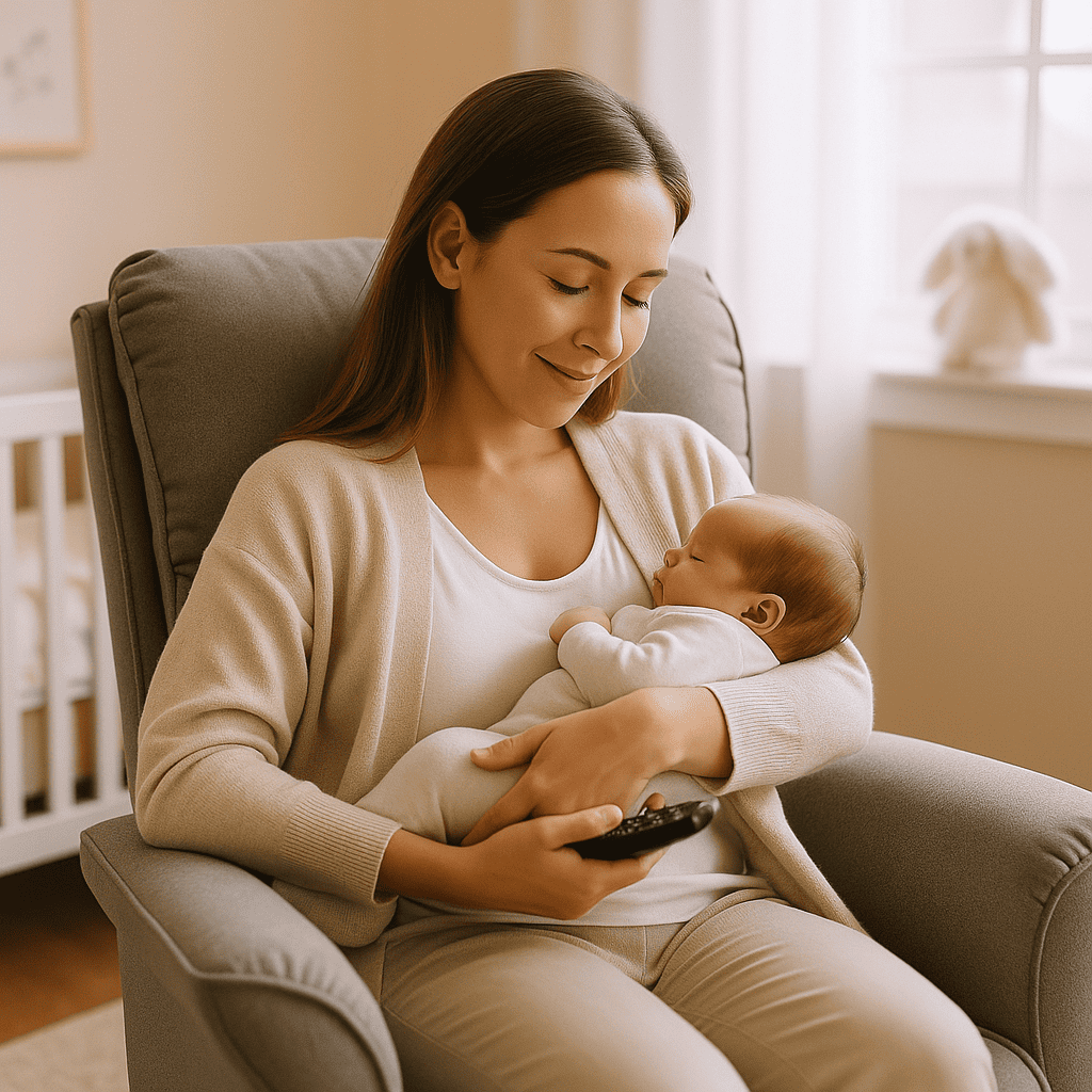 Poltrona de amamentação com puff em quarto de bebê aconchegante, oferecendo conforto ergonômico para mãe e filho.