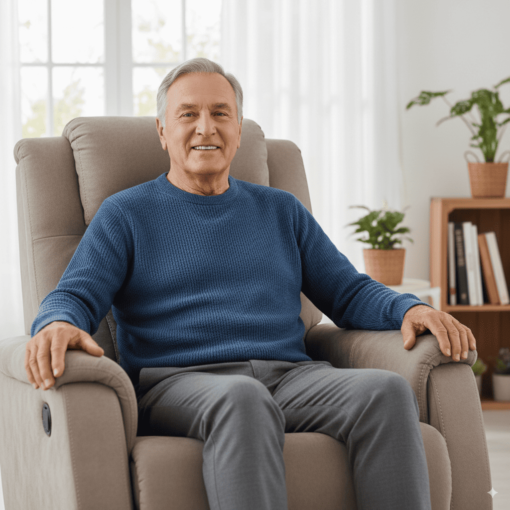 Poltrona do Papai reclinável em couro marrom, robusta e acolchoada, ideal para relaxar com máximo conforto em casa.
