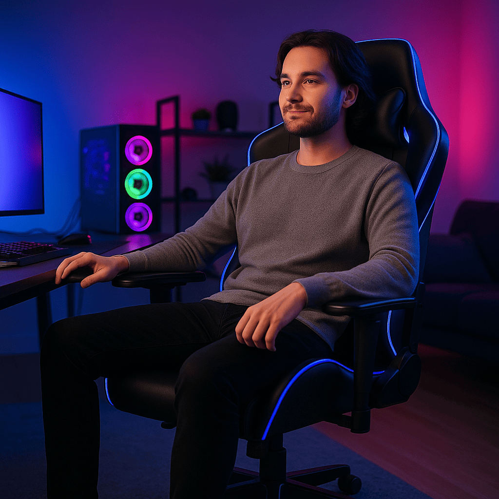 Poltrona gamer ergonômica de design premium, centralizada em estúdio iluminado com reflexo de neon, ideal para longas horas de jogo.