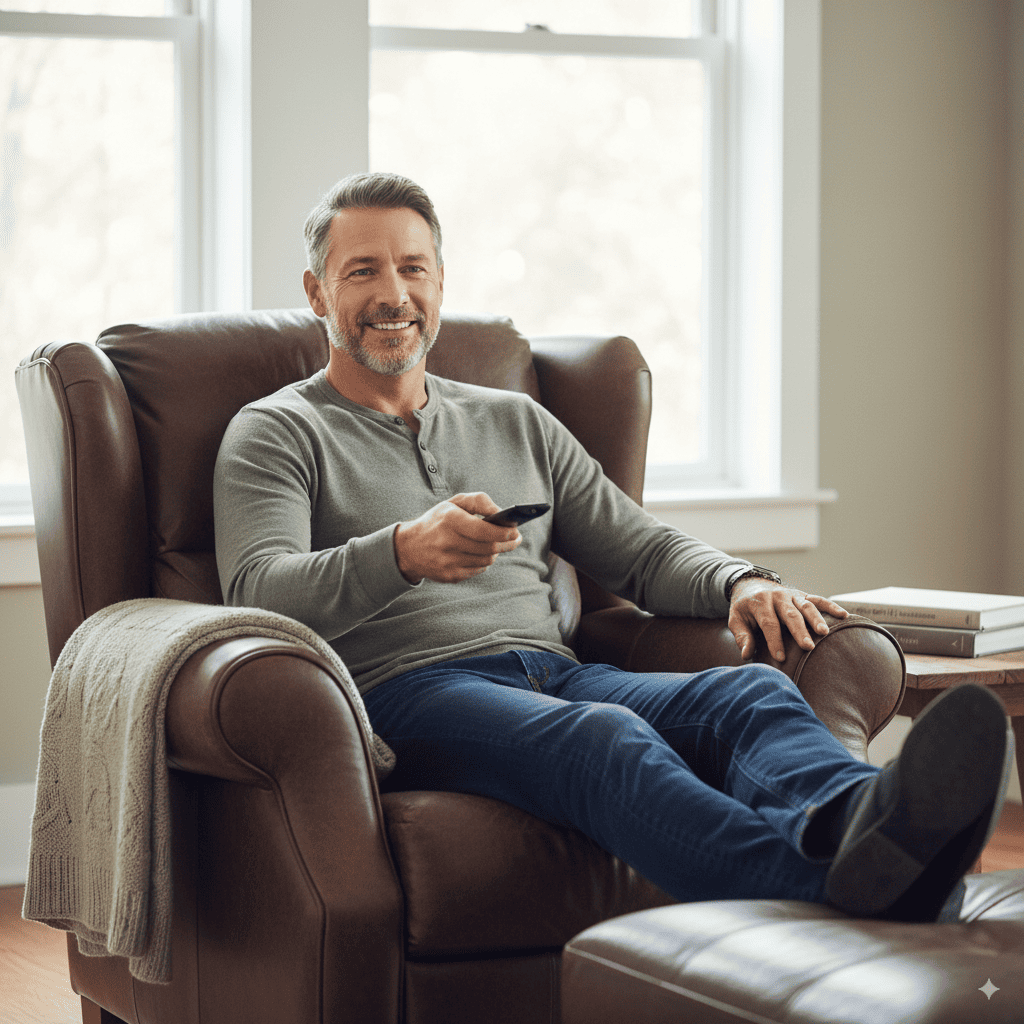 Poltrona reclinável confortável em sala de estar moderna, ideal para assistir TV com estilo e ergonomia.