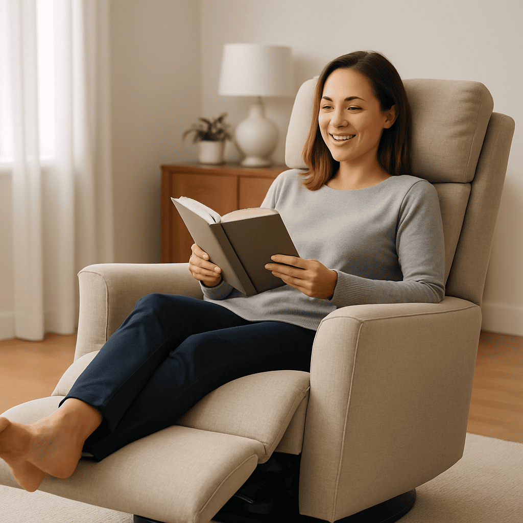 Poltrona reclinável moderna e confortável, com design ergonômico e apoio para pés, ideal para relaxamento em casa.