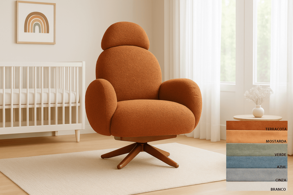 Poltrona de Amamentação Alice giratória e de balanço, design orgânico, estofado confortável em linho branco, ideal para quarto de bebê.