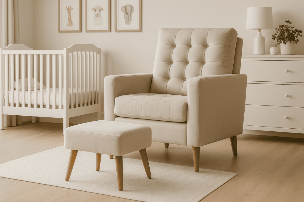 Poltrona de amamentação fixa com puff bege, design moderno com pés de madeira e estofado macio, ideal para proporcionar conforto e apoio durante a amamentação.