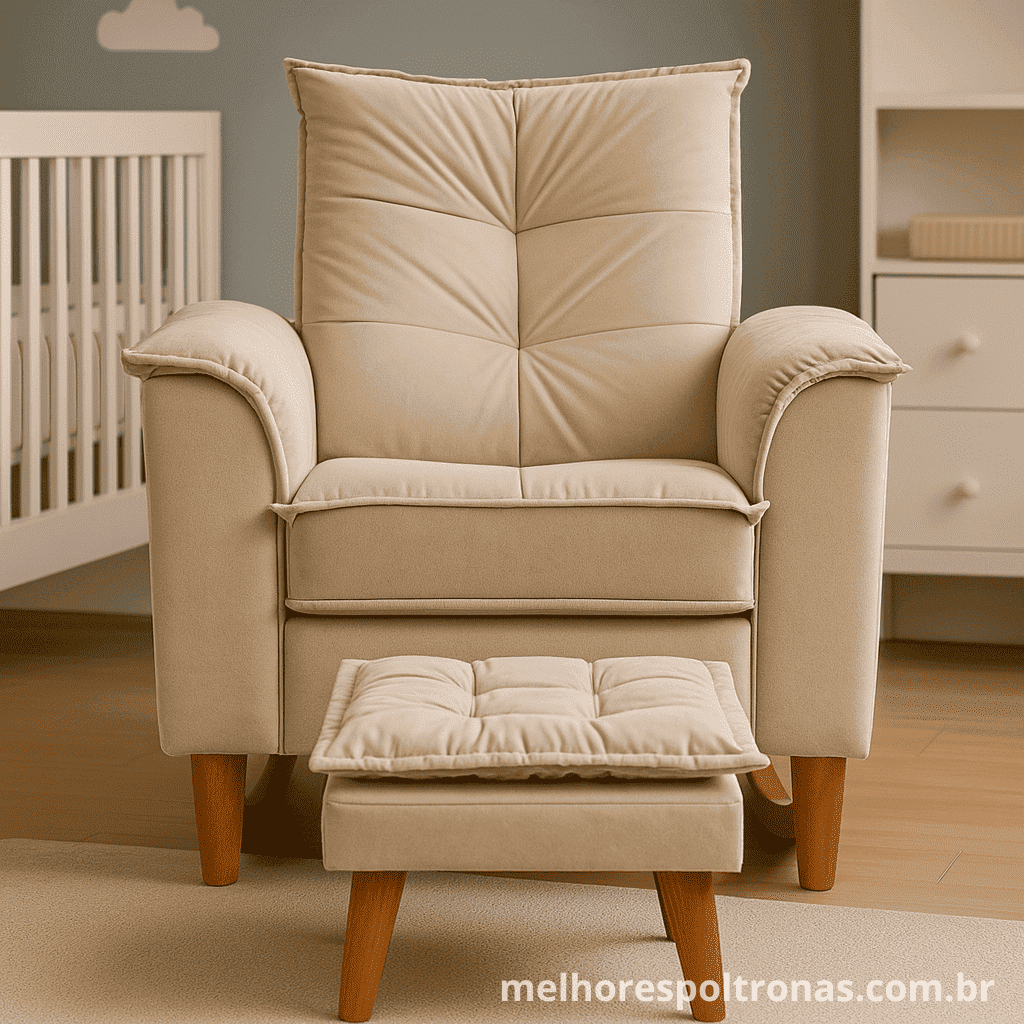 Poltrona de amamentação fixa com puff, de design elegante em suede, uma peça versátil para o quarto e para a sala.