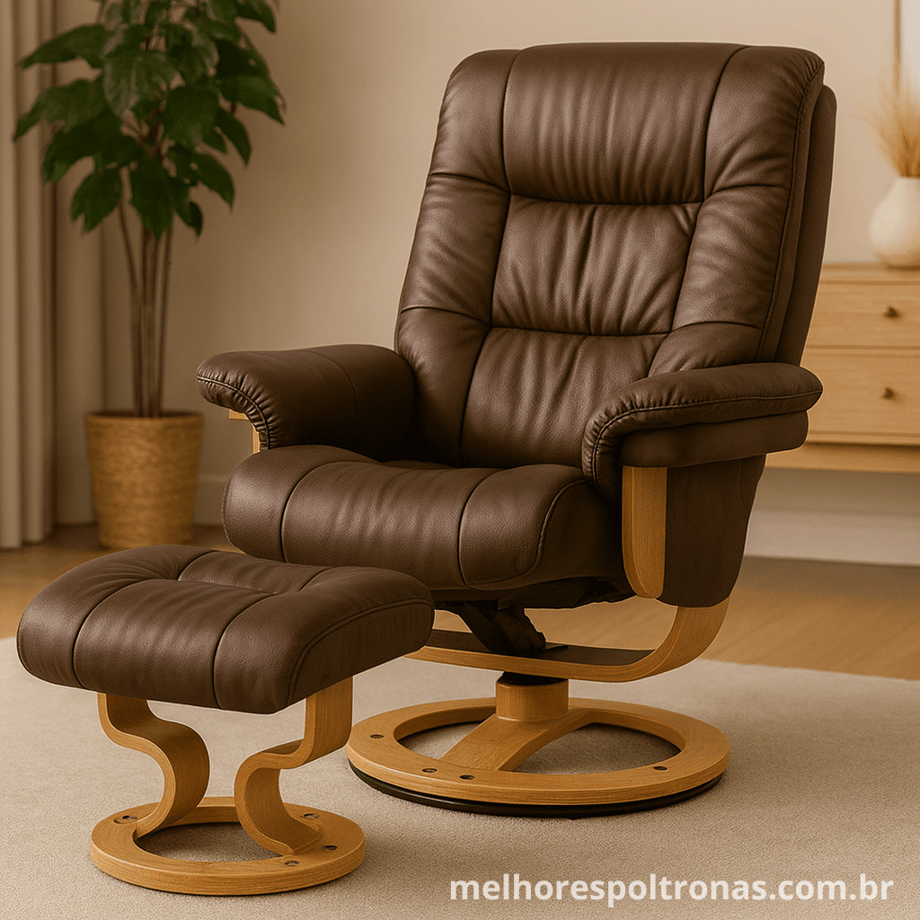 Poltrona de design Minnesota com função de massagem e puff, unindo o estilo icônico com o conforto relaxante.
