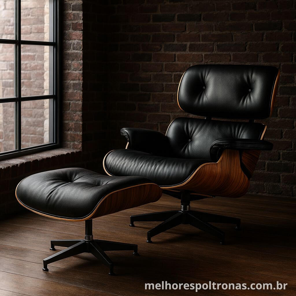 Poltrona de luxo Charles Eames com puff, em couro preto e madeira, a peça de design mais icônica e desejada do mundo.