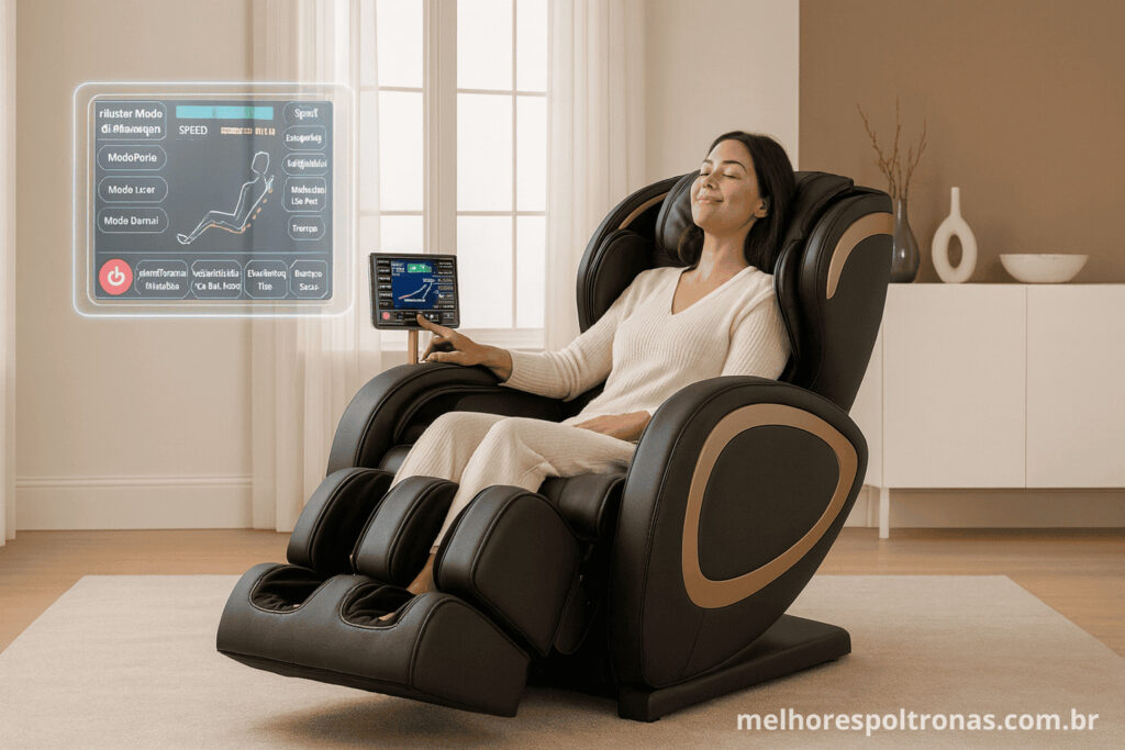 Mulher desfrutando da tecnologia de uma poltrona de massagem com painel digital, mostrando o conforto em um toque.