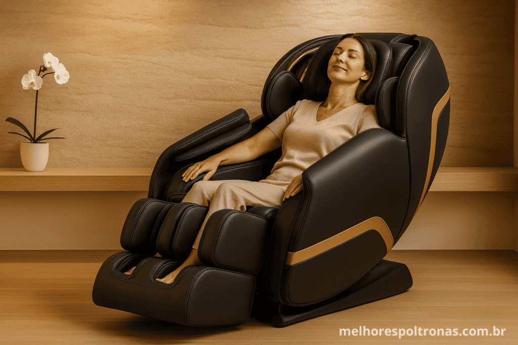 Mulher recebendo uma massagem terapêutica em uma poltrona de luxo, uma das melhores soluções para dor nas costas.