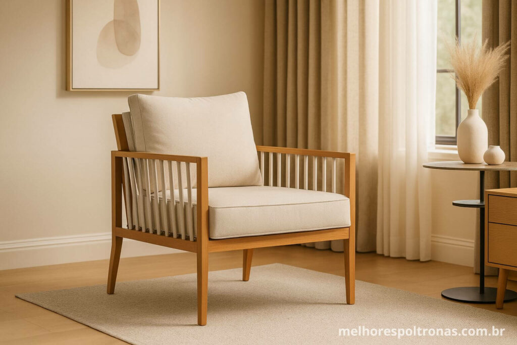 Poltrona decorativa aconchegante de linho e madeira, criando um ambiente de conforto e elegância na sala de estar.