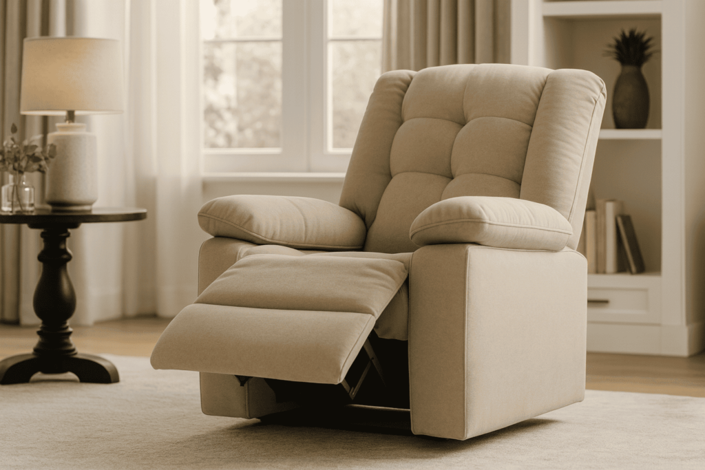 Poltrona reclinável para assistir TV em suede veludo capuccino, com apoio de pés e estofado macio para máximo conforto.