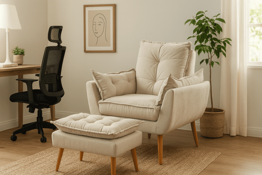 Poltrona de design Opala com puff, a peça ideal para criar um canto de descanso e pausa criativa no home office.