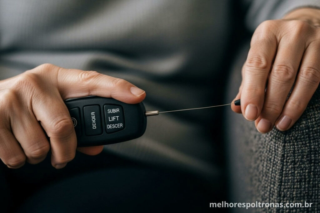 Close-up no controle remoto de uma poltrona para idosos com sistema Lift, mostrando os botões de subir e descer para mais autonomia.