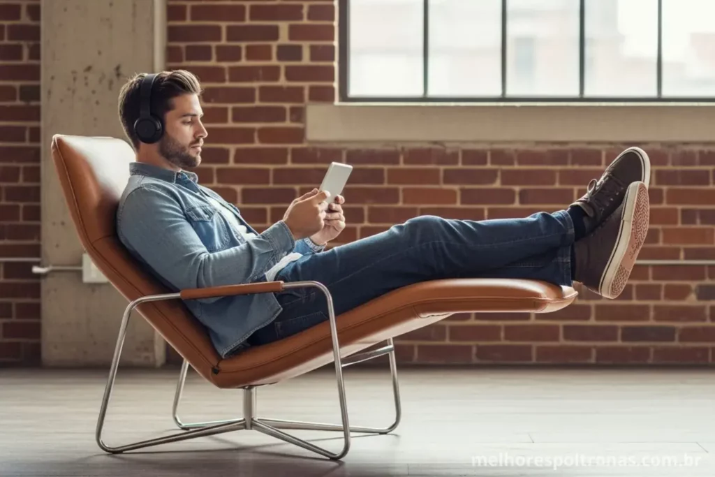 Homem relaxando em uma poltrona reclinável de design em couro, mostrando a versatilidade e o estilo dos modelos modernos.
