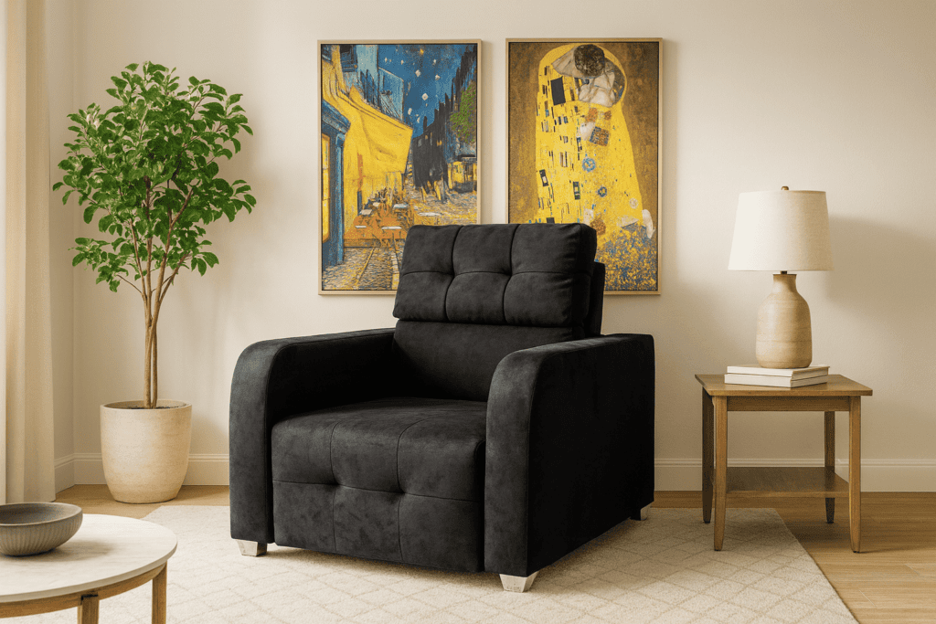 Moderna poltrona de design com assento retrátil e encosto reclinável, a escolha elegante para uma sala de estar sofisticada.